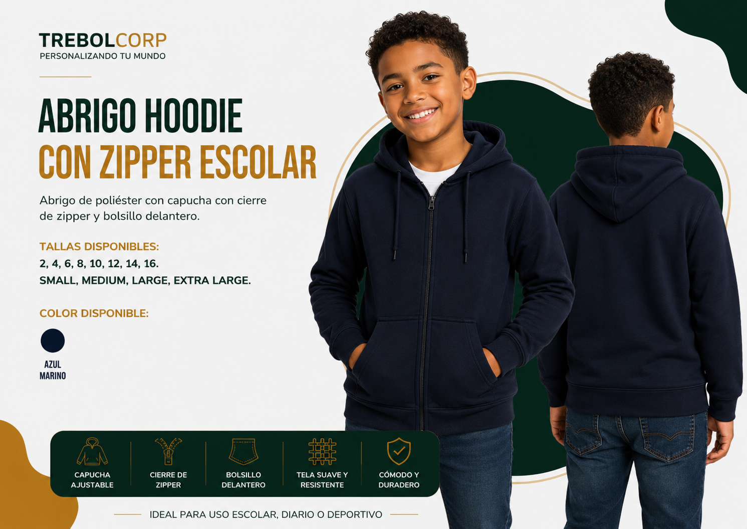 Hoodie con Zíper Escolar Personalizado | Bordado, DTF y Sublimación R.D.
