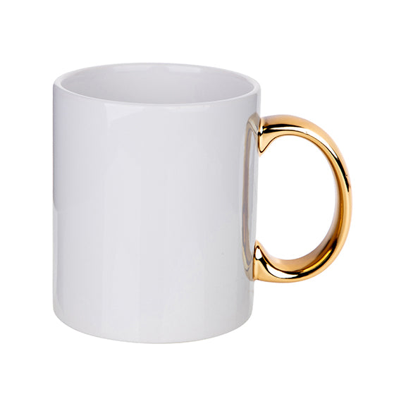Taza de Cerámica Blanca con Asa Dorada para Sublimación – 11 oz
