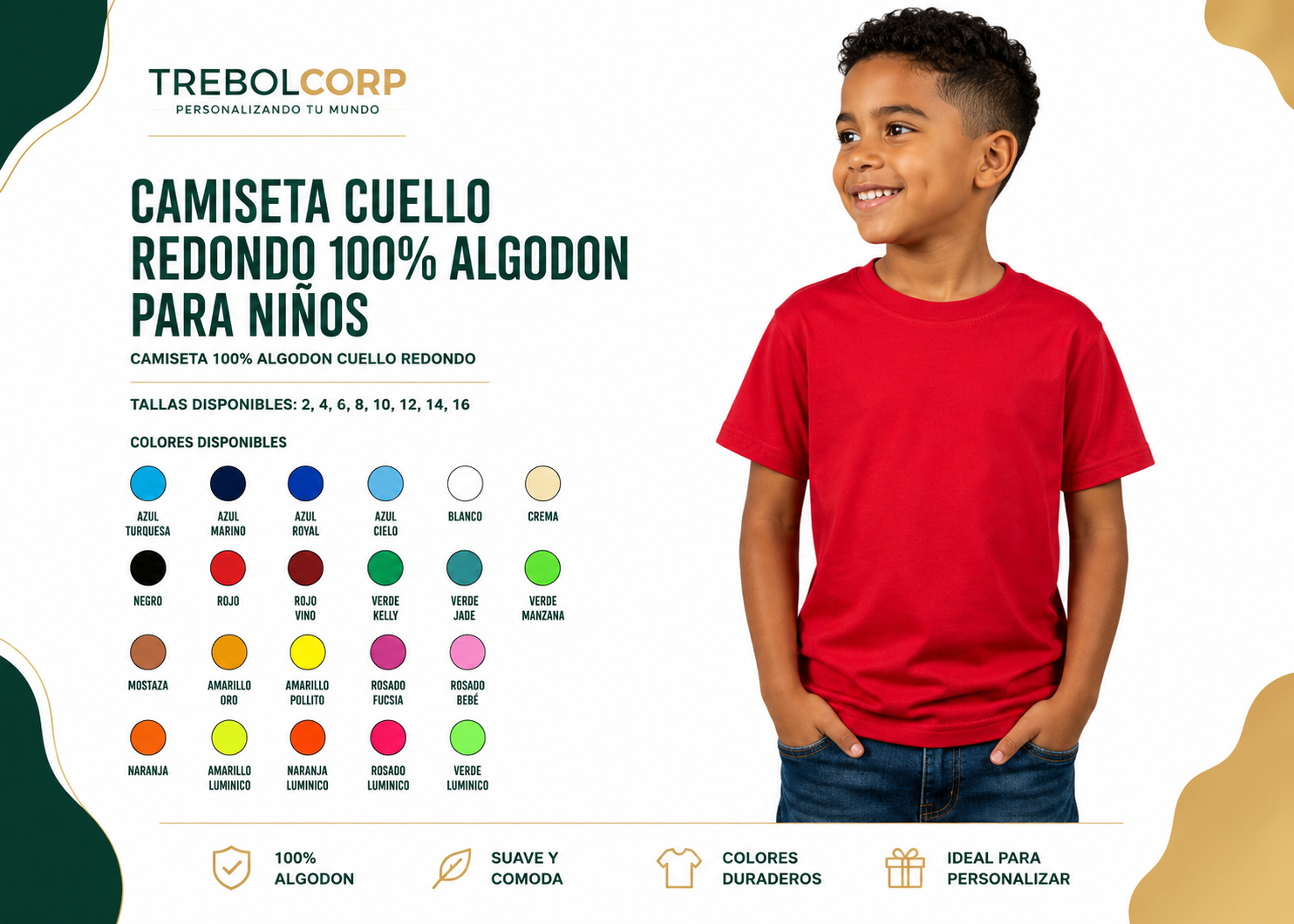Camisetas Cuello Redondo 100% Algodón para Niños Personalizado | Bordado, DTF y Sublimación R.D.