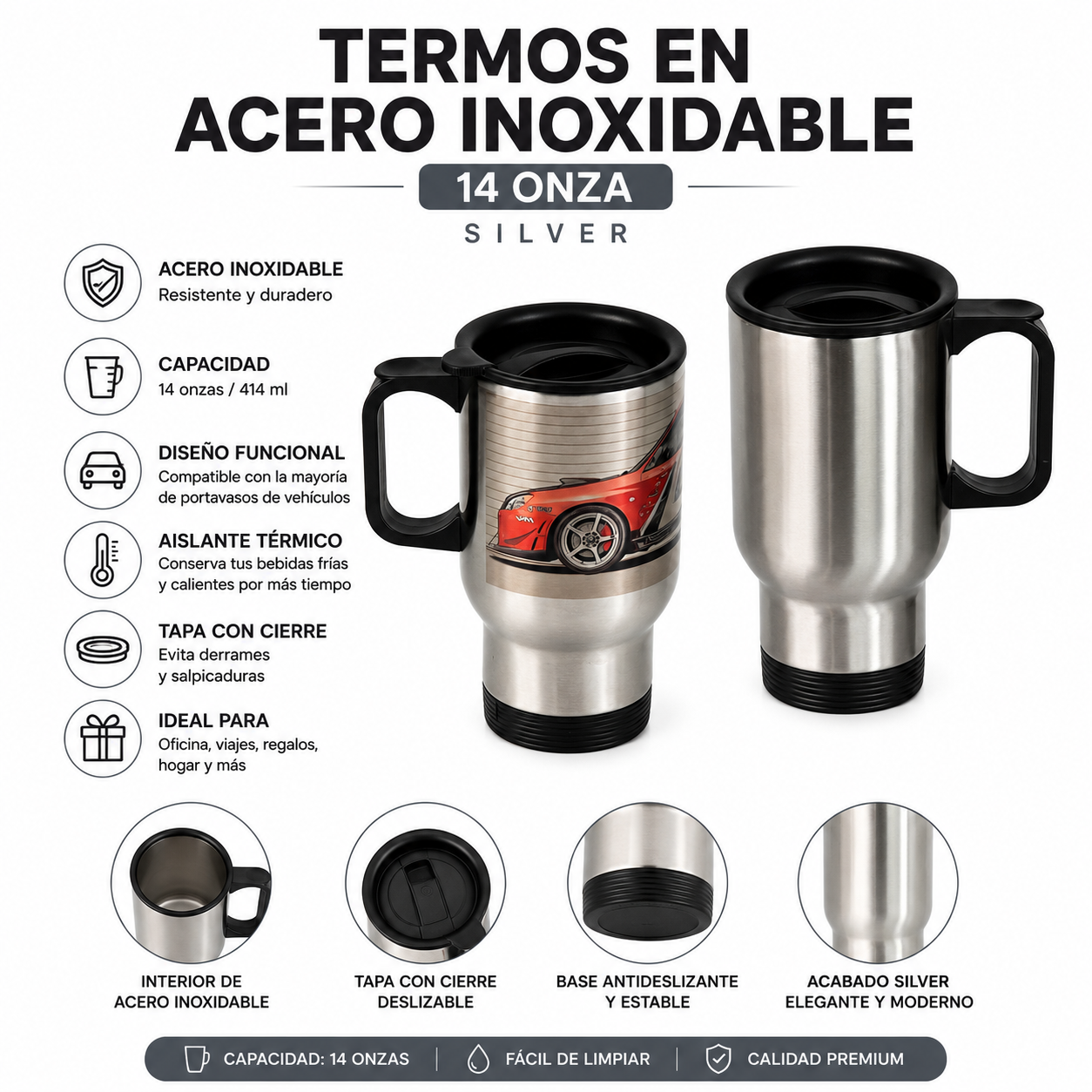 TERMOS EN ACERO INOXIDABLE 14 ONZA SILVER
