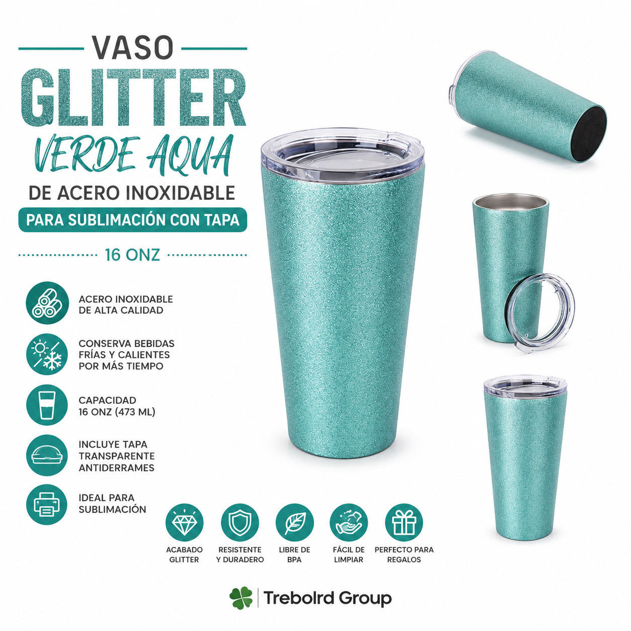 Vaso Glitter Verde Aqua de Acero Inoxidable para Sublimación con Tapa – 16 oz