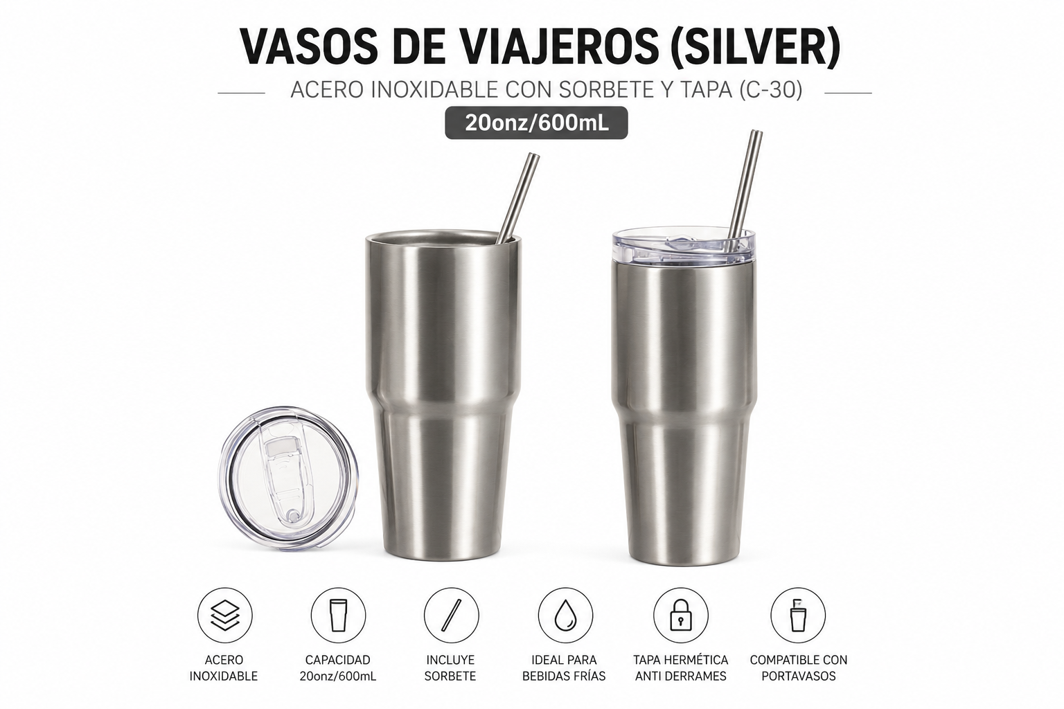 Vasos de Viajeros (Silver) 20onz/600mL - Acero Inoxidable