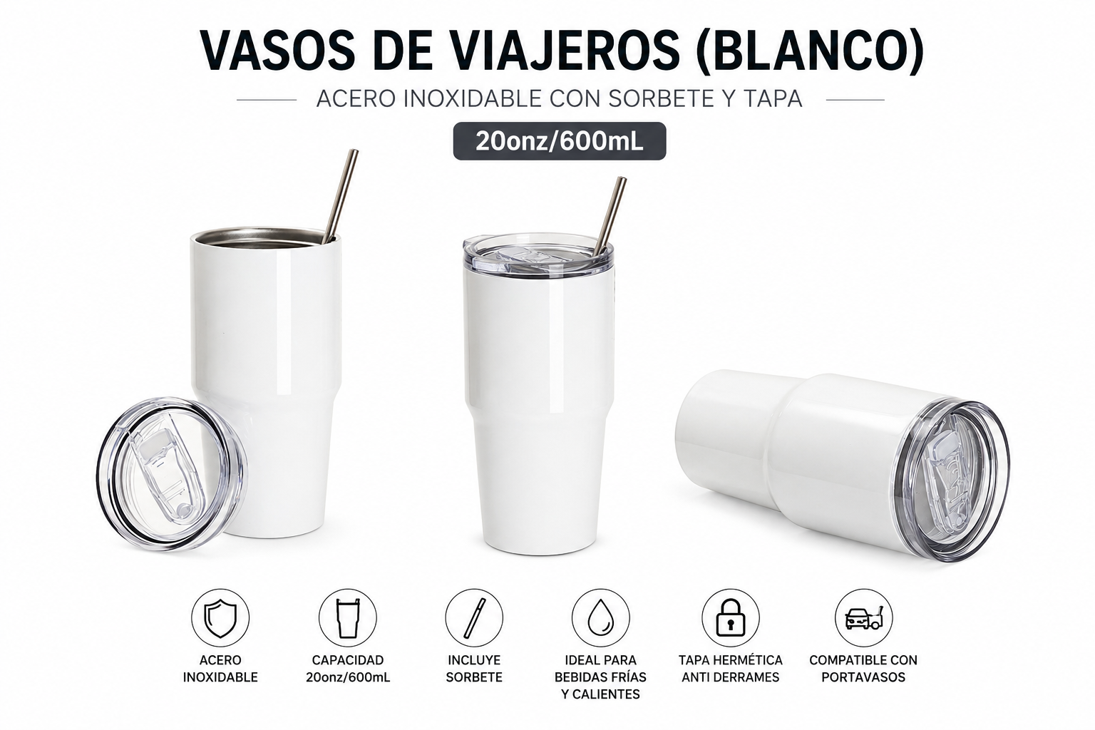 Vasos de Viajeros (Blanco) 20onz/600mL - Acero Inoxidable con Sorbete y Tapa