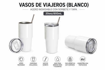 Vasos de Viajeros (Blanco) 20onz/600mL - Acero Inoxidable con Sorbete y Tapa