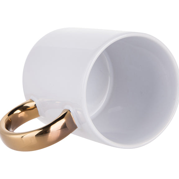 Taza de Cerámica Blanca con Asa Dorada para Sublimación – 11 oz