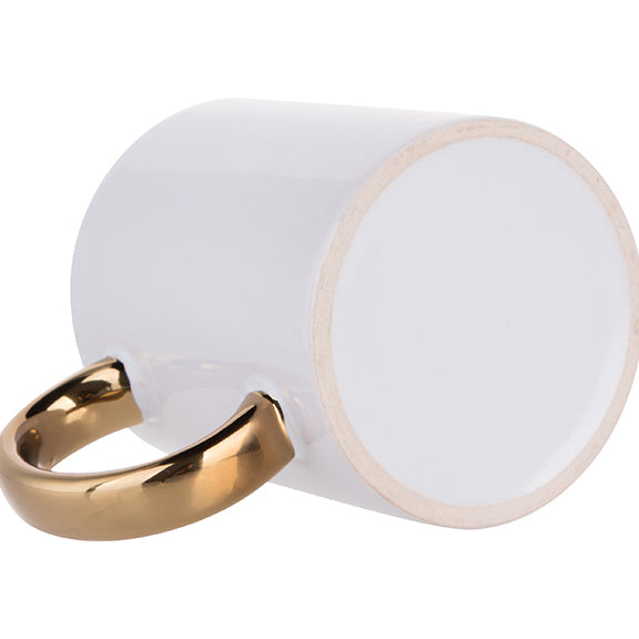 Taza de Cerámica Blanca con Asa Dorada para Sublimación – 11 oz