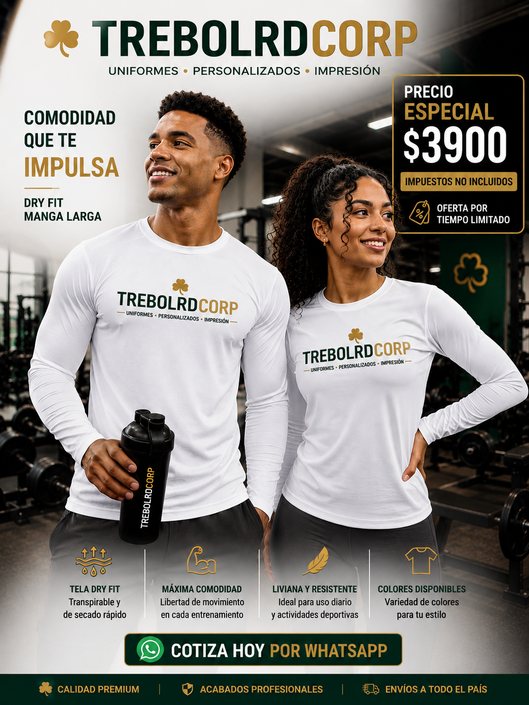 Camiseta Dry Fit Manga Larga | Personalizable | Trebolrdcorp